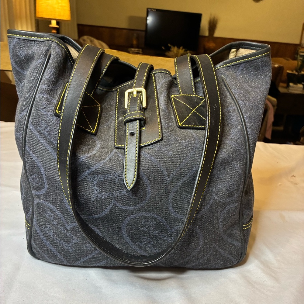 Vintage Dooney & Bourke Denim Heart Logo Tote Bag Made in USA Leather Trim
